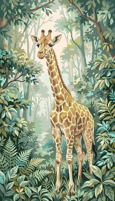 Giraffe in the jungle Paint By Numbers. A giraffe stands among green plants.
