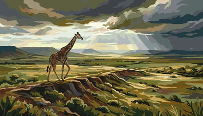 Giraffe on the savannah Paint By Numbers, dramatic sky and sun rays.