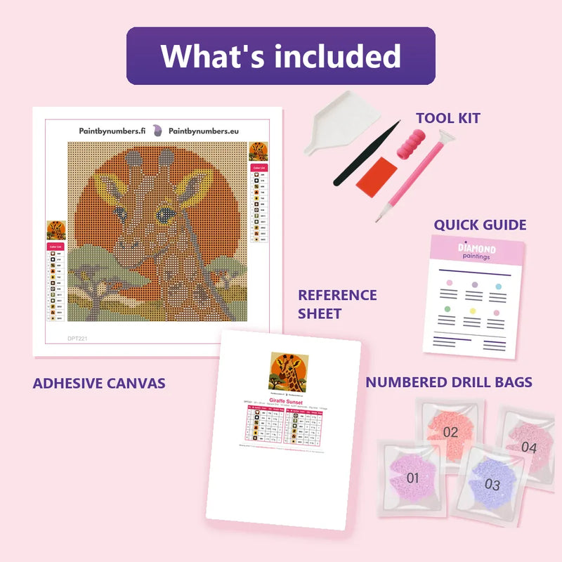 What is included in the Giraffe Sunset diamond painting kit - adhesive canvas, reference sheet, tools and numbered drill bags