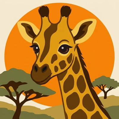 Diamond Painting of a giraffe's head with orange sunset and savanna trees.