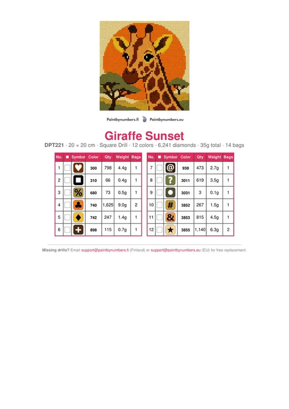 DMC color chart for Giraffe Sunset diamond painting - 12 colors