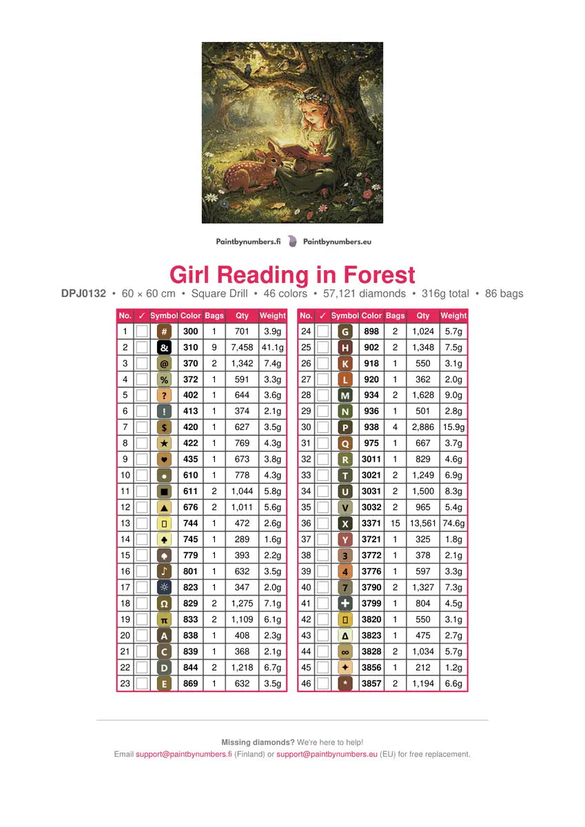 Girl Reading in Forest diamond painting color chart – 46 DMC colors