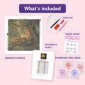 Thumbnail for Girl Reading in Forest 60x60cm diamond painting kit contents: adhesive canvas, color chart, tools and diamond bags