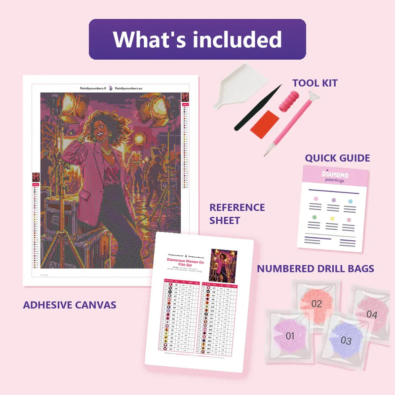 What is included in the Glamorous Woman On Film Set diamond painting kit - adhesive canvas, reference sheet, tools and numbered drill bags