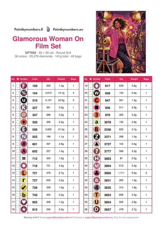 DMC color chart for Glamorous Woman On Film Set diamond painting - 36 colors