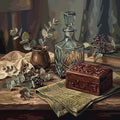 Thumbnail for Glass decanter and wooden box arrangement Paint By Numbers. Glass decanter, wooden box, branches, and table.