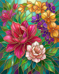Thumbnail for Diamond painting of colorful flowers in a glass mosaic style on a green background.