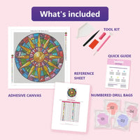 Thumbnail for Glass Mosaic 50x50cm diamond painting kit contents: adhesive canvas, color chart, tools and diamond bags