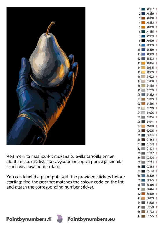 Color chart and instructions - Gloved Hand Holding Pear 40x70cm