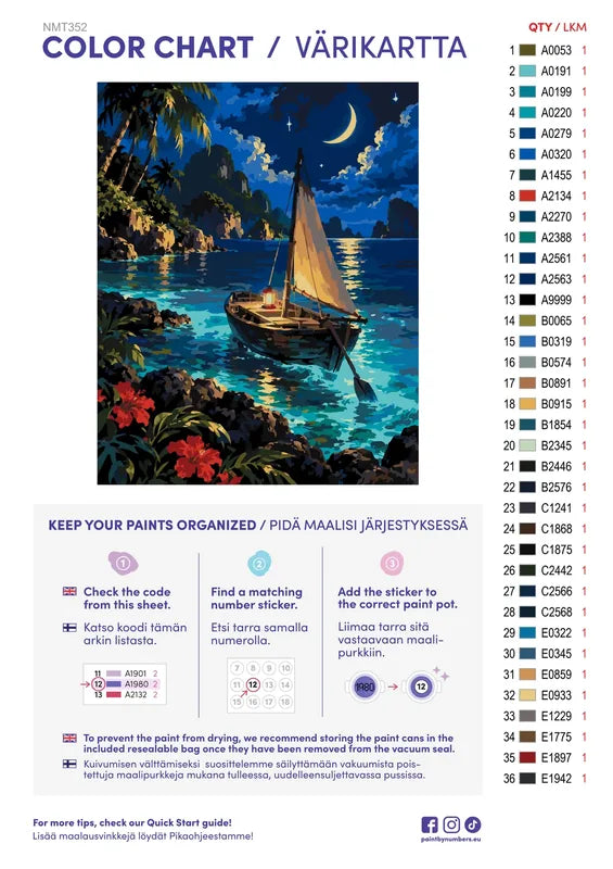 Paint color chart and instructions - Glowing Bay 40x50cm