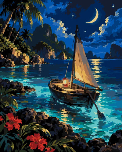 Sailboat in tropical cove at night paint by numbers