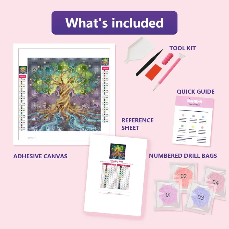 Glowing Tree 20x20cm diamond painting kit contents: adhesive canvas, color chart, tools and diamond bags