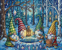 Thumbnail for Diamond painting featuring gnomes gathering around a magical well in a winter forest.