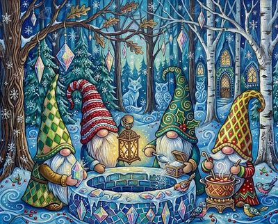 Diamond painting featuring gnomes gathering around a magical well in a winter forest.