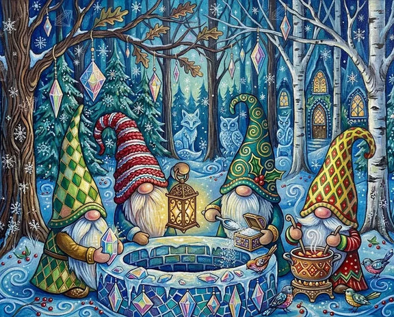 Diamond painting featuring gnomes gathering around a magical well in a winter forest.