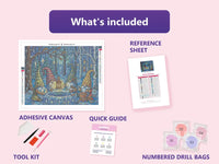 Thumbnail for Gnome Gathering 50x40cm diamond painting kit contents: adhesive canvas, color chart, tools and diamond bags