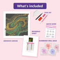 Thumbnail for Gold and Green Swirl 60x60cm diamond painting kit contents: adhesive canvas, color chart, tools and diamond bags