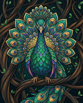 Thumbnail for Diamond painting featuring a peacock sitting on a branch, colorful feathers, and a detailed background.