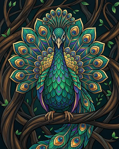 Diamond painting featuring a peacock sitting on a branch, colorful feathers, and a detailed background.