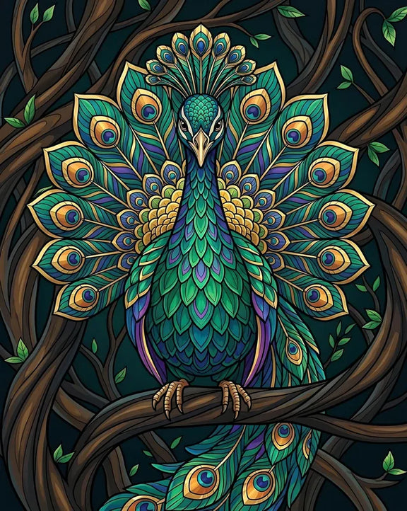 Diamond painting featuring a peacock sitting on a branch, colorful feathers, and a detailed background.