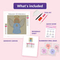 Thumbnail for What is included in the Golden Angel diamond painting kit - adhesive canvas, reference sheet, tools and numbered drill bags