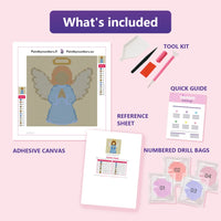 Thumbnail for What is included in the Golden Angel diamond painting kit - adhesive canvas, reference sheet, tools and numbered drill bags