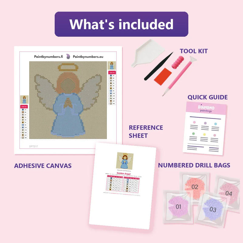 What is included in the Golden Angel diamond painting kit - adhesive canvas, reference sheet, tools and numbered drill bags