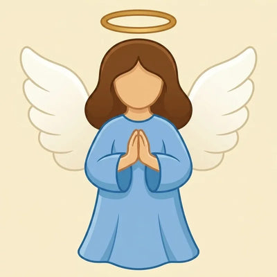 Diamond Painting of a cartoon angel with blue dress, white wings, and golden halo.