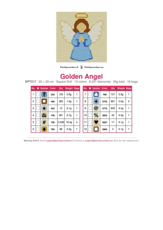 DMC color chart for Golden Angel diamond painting - 12 colors