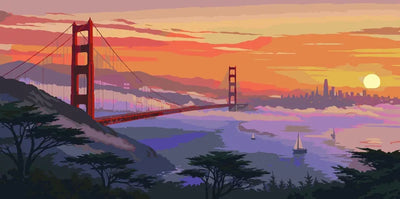 Golden Gate Bridge at sunset Paint By Numbers. Silhouette, fog, and orange sky.