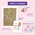 Thumbnail for What is included in the Golden Ornate Botanical Pattern diamond painting kit - adhesive canvas, reference sheet, tools and numbered drill bags
