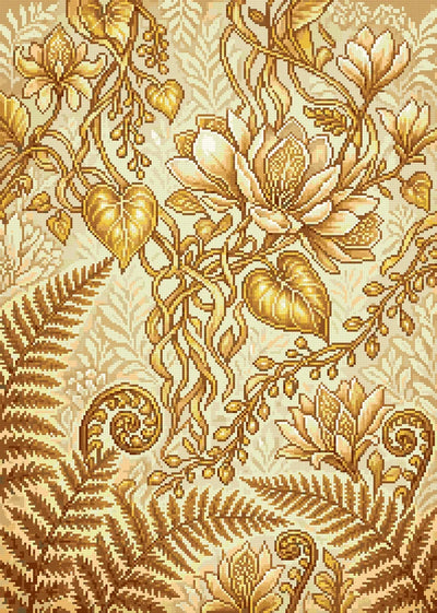 Diamond painting-motiv med ett mosaikliknande växtmönster i guld, beige och brunt