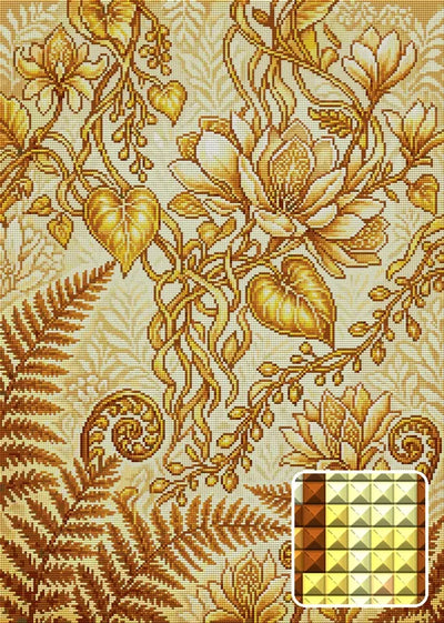 Golden Ornate Botanical Pattern, 50x70 cm diamond painting – finished design preview with a close-up of square drills