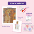Thumbnail for Golden Retriever 40x50cm diamond painting kit contents: adhesive canvas, color chart, tools and diamond bags
