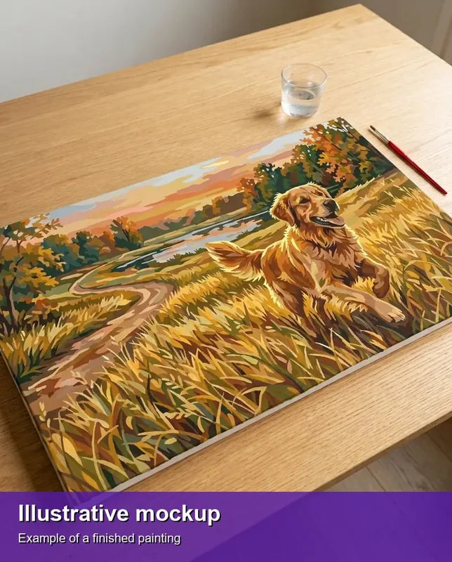 Finished paint by numbers mockup - Golden Retriever in Field 70x40cm