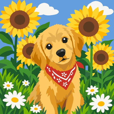Golden retriever puppy among sunflowers paint by numbers.