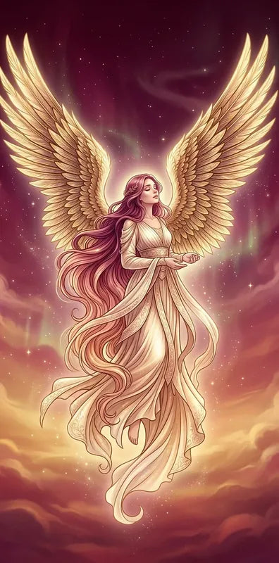 Diamond painting featuring an angel figure with golden wings and a glowing sky.