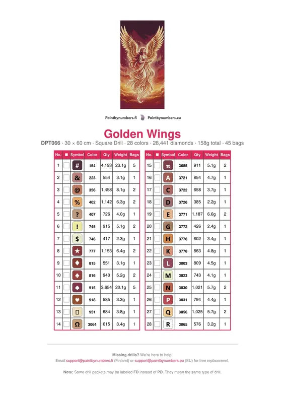 Golden Wings diamond painting color chart – 28 DMC colors