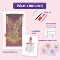 Thumbnail for Golden Wings 30x60cm diamond painting kit contents: adhesive canvas, color chart, tools and diamond bags