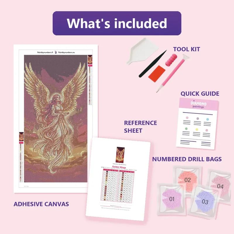 Golden Wings 30x60cm diamond painting kit contents: adhesive canvas, color chart, tools and diamond bags