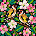Thumbnail for Two goldfinches among pink and white blossoms with green leaves on a black background, paint by numbers