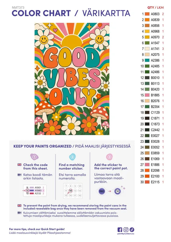 Paint color chart and instructions - Good Vibes Only 40x60cm