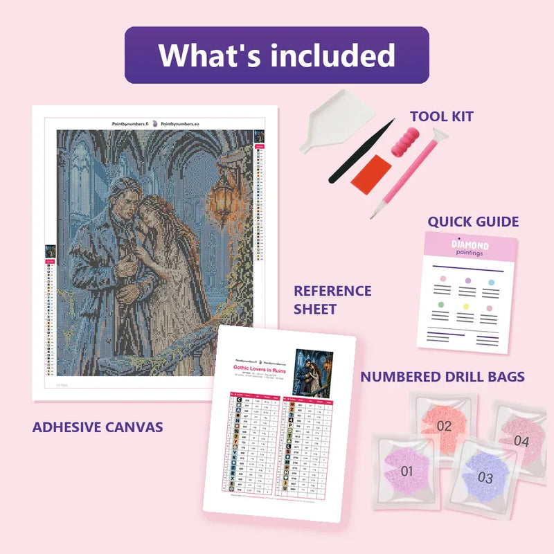 What is included in the Gothic Lovers in Ruins diamond painting kit - adhesive canvas, reference sheet, tools and numbered drill bags