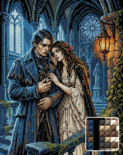 Gothic Lovers in Ruins, 40x50 cm diamond painting – finished design preview with a close-up of square drills