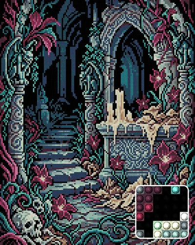 Gothic Ruins With Skulls And Candles, 40x50 cm diamond painting – finished design preview with a close-up of round drills