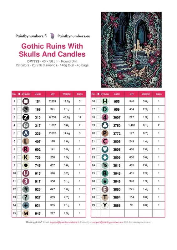 DMC color chart for Gothic Ruins With Skulls And Candles diamond painting - 29 colors