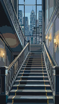 Thumbnail for Grand staircase and city view Paint By Numbers. Wide stairs, large windows, and skyscrapers.