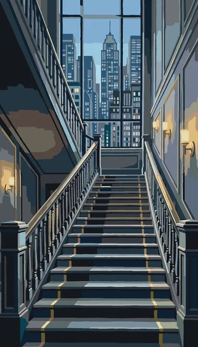 Grand staircase and city view Paint By Numbers. Wide stairs, large windows, and skyscrapers.