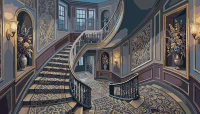 Large staircase and ornate interior Paint By Numbers. Detailed railings and floral arrangements.