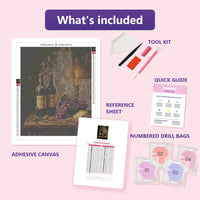 Thumbnail for Grapes and Candle 40x50cm diamond painting kit contents: adhesive canvas, color chart, tools and diamond bags
